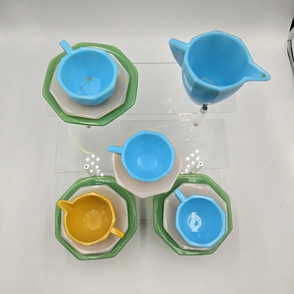 Antique Akro Agate Tea Set Little American Maid Blue Jade Pink Yellow Glass 12pc